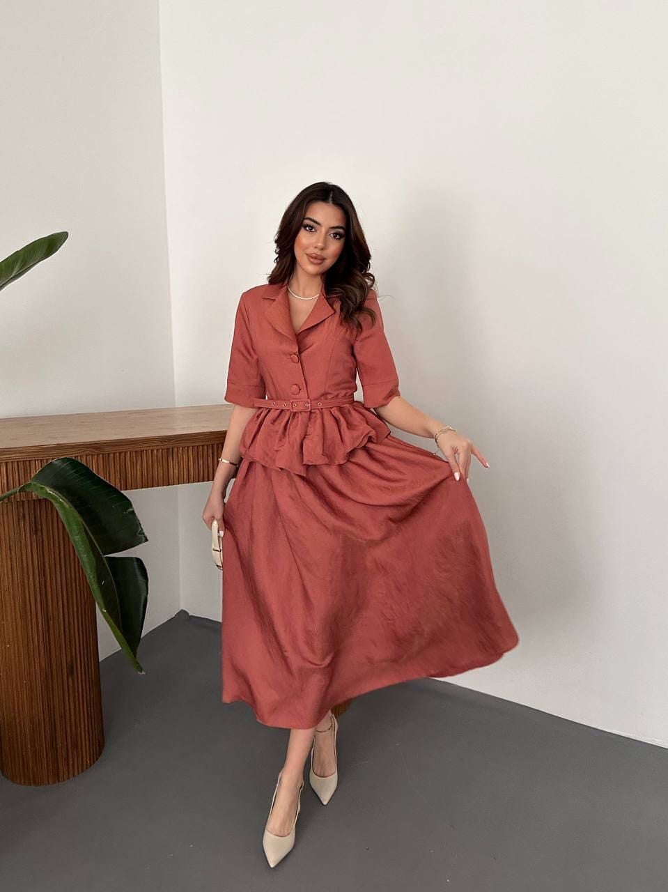 Kiremit Rengi Viskon Kumaş Maksi Etek Takım