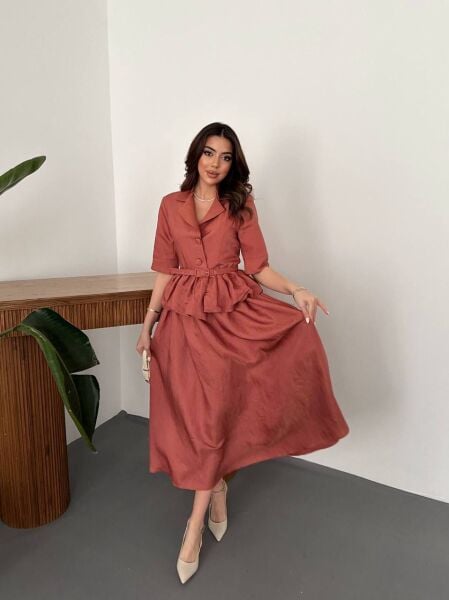 Kiremit Rengi Viskon Kumaş Maksi Etek Takım