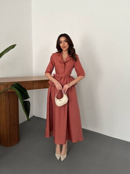 Kiremit Rengi Viskon Kumaş Maksi Etek Takım