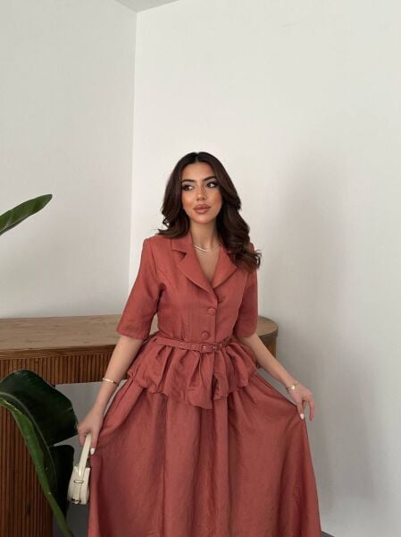 Kiremit Rengi Viskon Kumaş Maksi Etek Takım