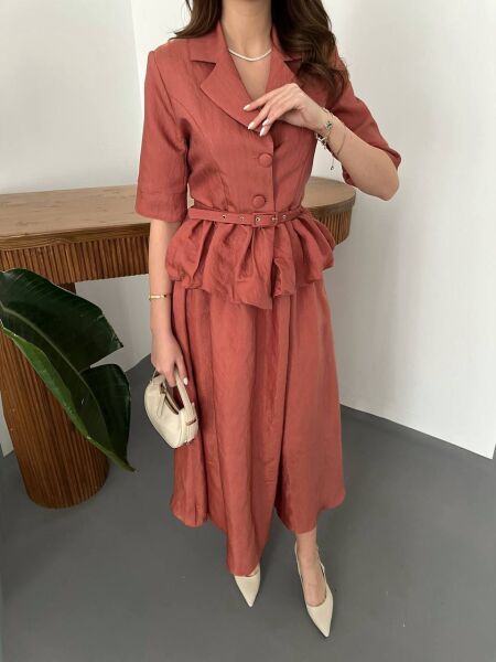 Kiremit Rengi Viskon Kumaş Maksi Etek Takım