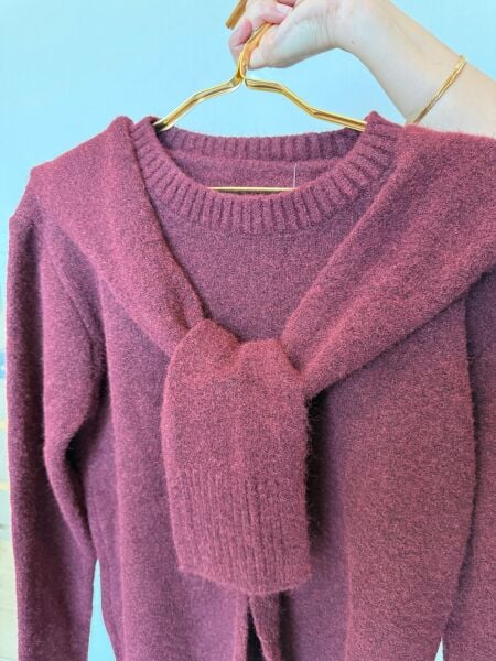 Omuz Detaylı Bordo Yumuşak Dokulu Kadın Triko Kazak