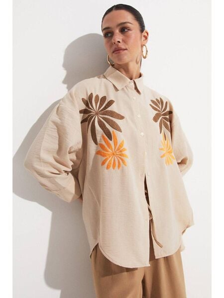Kadın Oversize Viskon Karışımlı Nakışlı Gömlek
