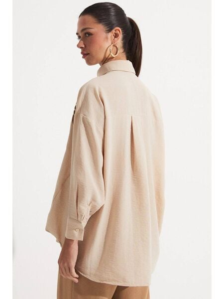 Kadın Oversize Viskon Karışımlı Nakışlı Gömlek