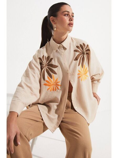 Kadın Oversize Viskon Karışımlı Nakışlı Gömlek
