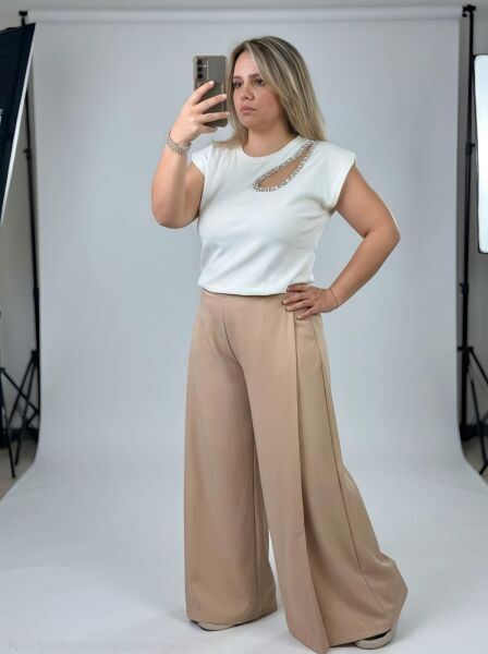 Kadın Modal Kumaş Geniş Paça Yan Kapalı Yırtmaç Pantolon