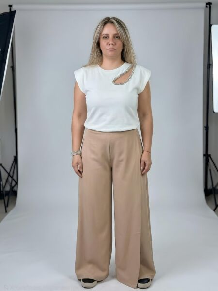 Kadın Modal Kumaş Geniş Paça Yan Kapalı Yırtmaç Pantolon