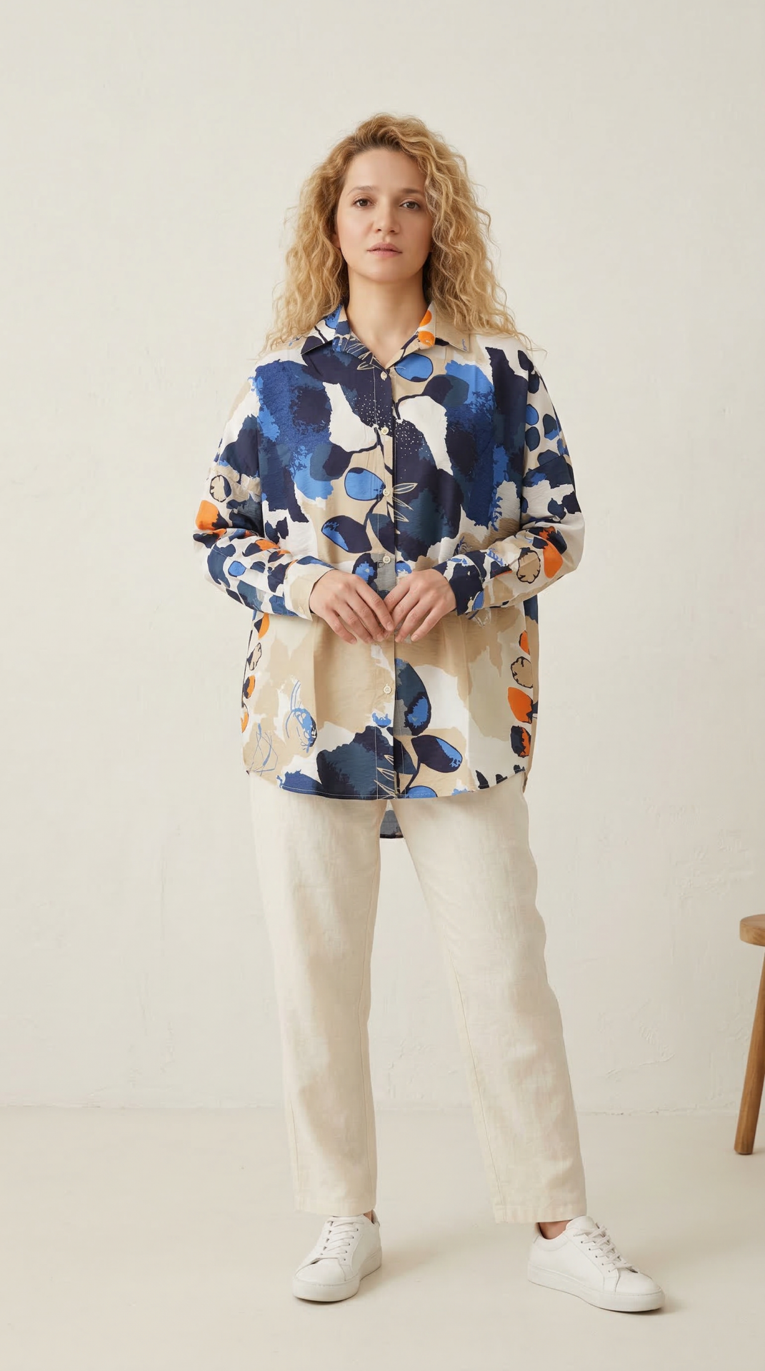 Mavi Oversize Pamuklu Desenli Kadın Gömlek