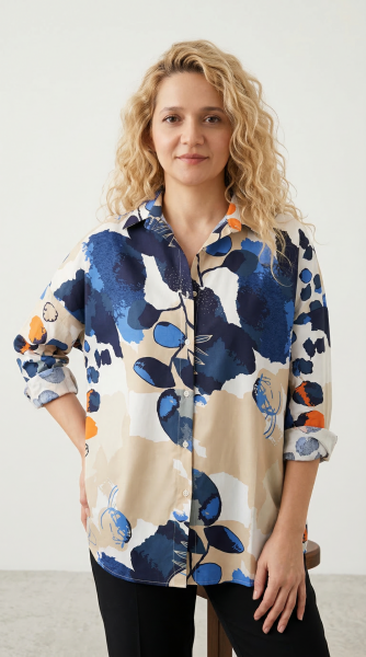 Mavi Oversize Pamuklu Desenli Kadın Gömlek