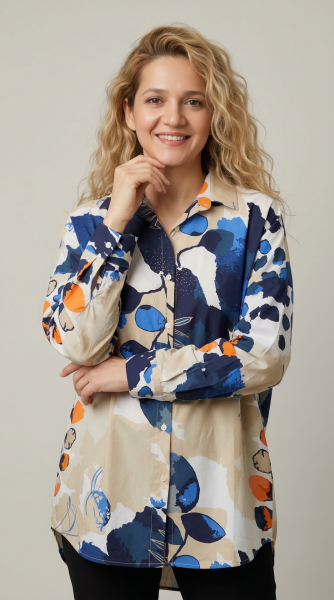 Mavi Oversize Pamuklu Desenli Kadın Gömlek