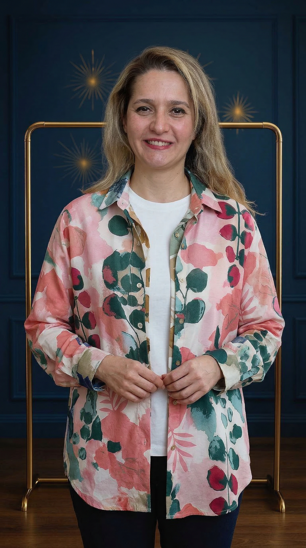 Pembe Oversize Pamuklu Desenli Kadın Gömlek