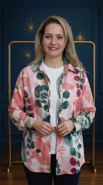 Pembe Oversize Pamuklu Desenli Kadın Gömlek