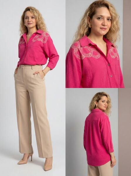 Kadın Nakışlı Keten Oversize Gömlek Şık Rahat Model