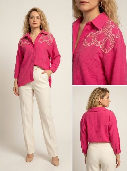 Kadın Nakışlı Keten Oversize Gömlek Şık Rahat Model