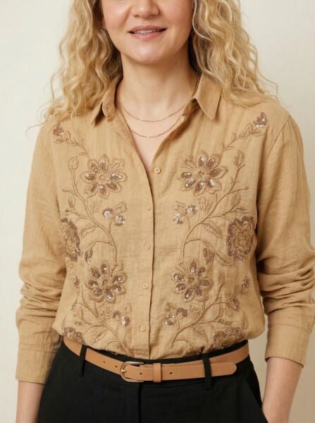 Kadın Nakışlı Oversize Pamuk Keten Gömlek