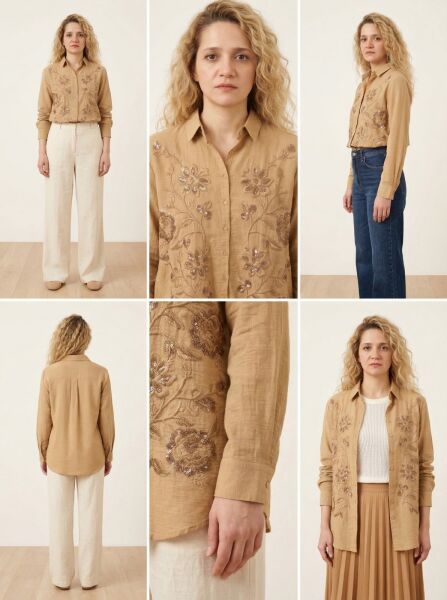 Kadın Nakışlı Oversize Pamuk Keten Gömlek