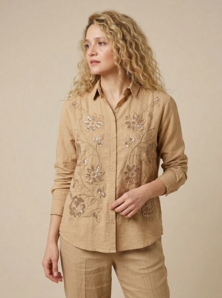 Kadın Nakışlı Oversize Pamuk Keten Gömlek
