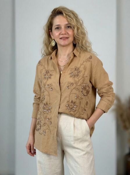 Kadın Nakışlı Oversize Pamuk Keten Gömlek