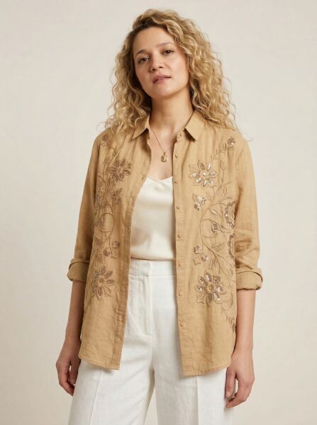 Kadın Nakışlı Oversize Pamuk Keten Gömlek