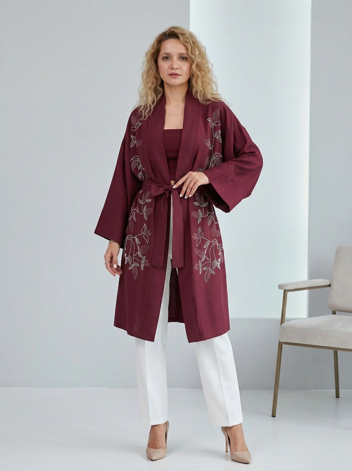 Bordo Nakış İşlemeli Kimono Hırka