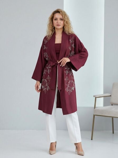 Bordo Nakış İşlemeli Kimono Hırka
