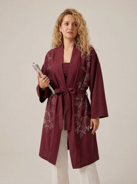 Bordo Nakış İşlemeli Kimono Hırka