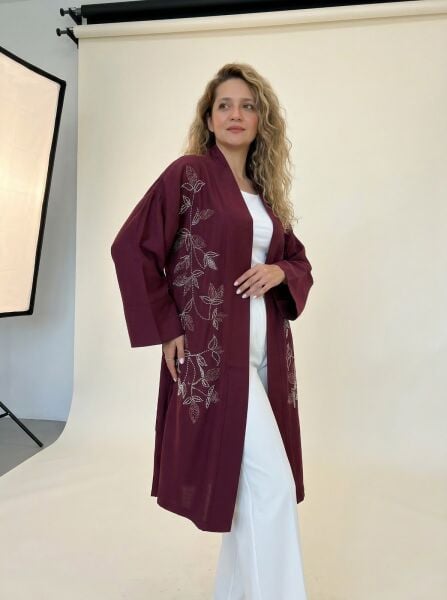 Bordo Nakış İşlemeli Kimono Hırka