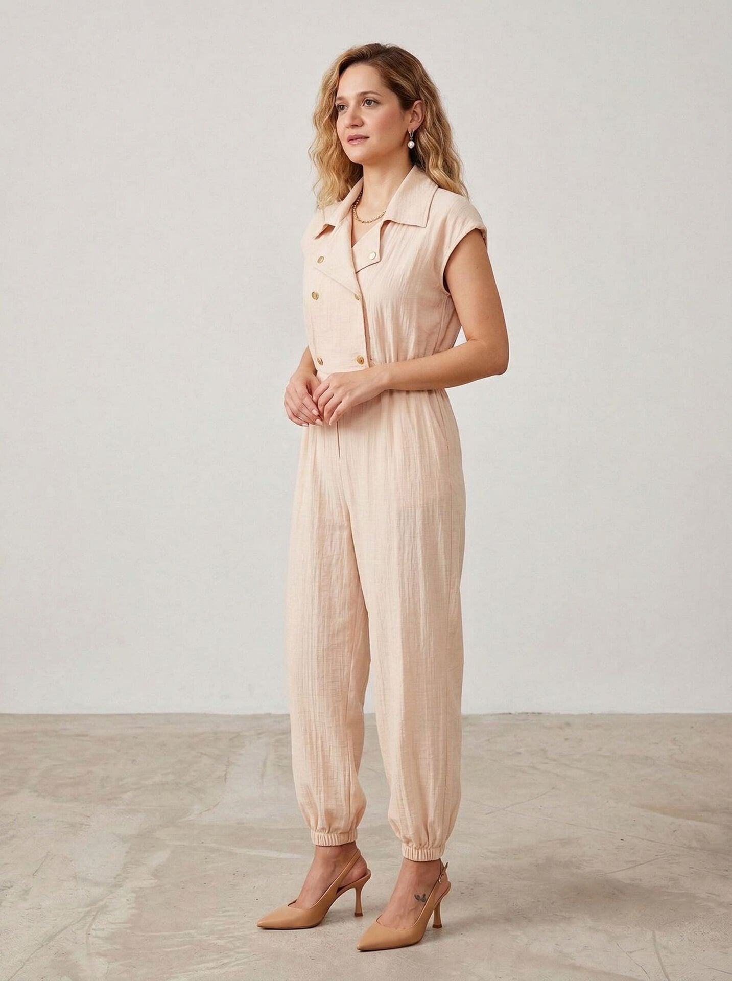 Bej Keten Doku Kadın Rahat Tulum