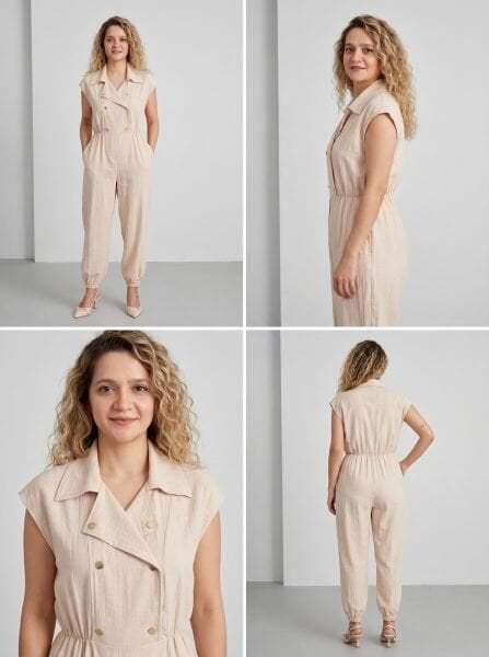 Bej Keten Doku Kadın Rahat Tulum