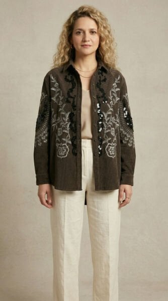 İşlemeli Kadife Dokulu Koyu Kahverengi Gömlek