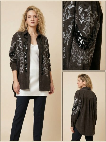 İşlemeli Kadife Dokulu Koyu Kahverengi Gömlek